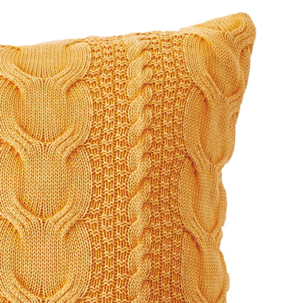 Large Cozy Cable Knit Square Pillow 26 in Ochre Yellow Cotton Floor Cushion