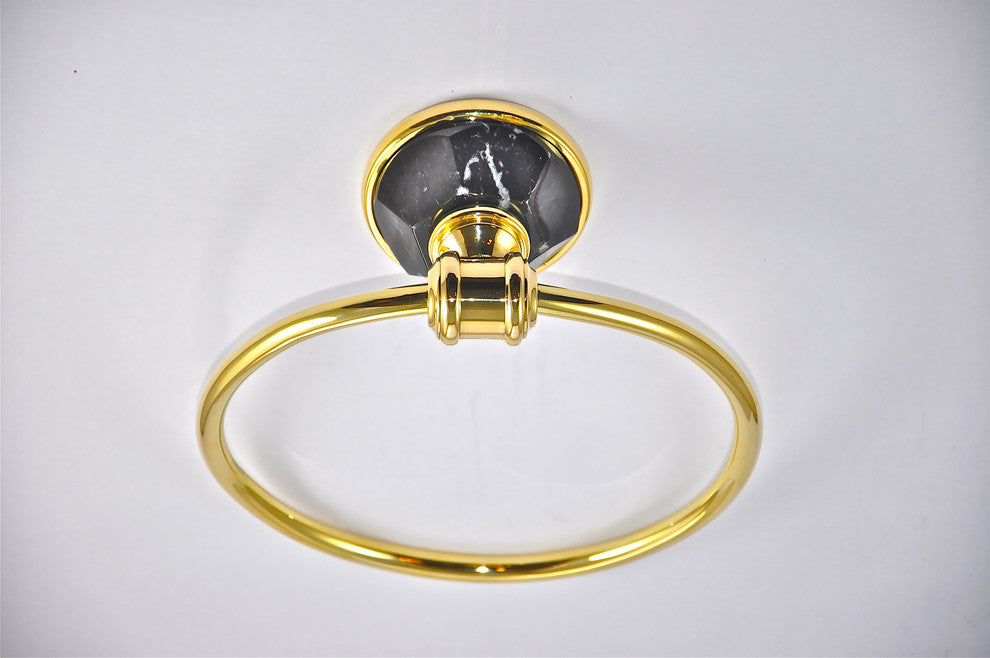 Towel Ring With Nero Marquina Marbel Accents, Polished Chrome