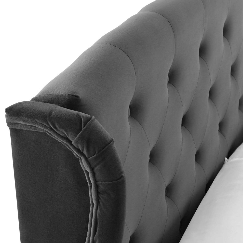 Penelope Tufted Wingback Queen Performance Velvet Platform Bed-Charcoal