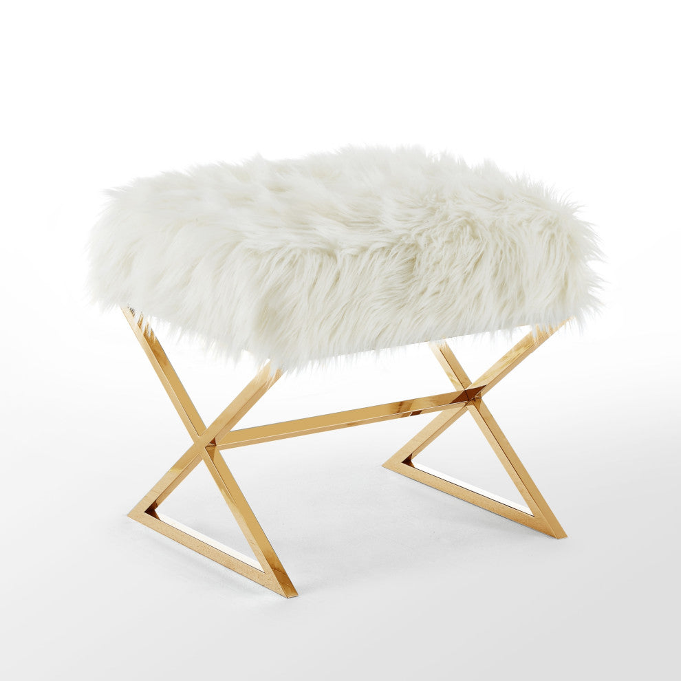 Oria Faux Fur X-Leg Gold Base Ottoman, White/Gold