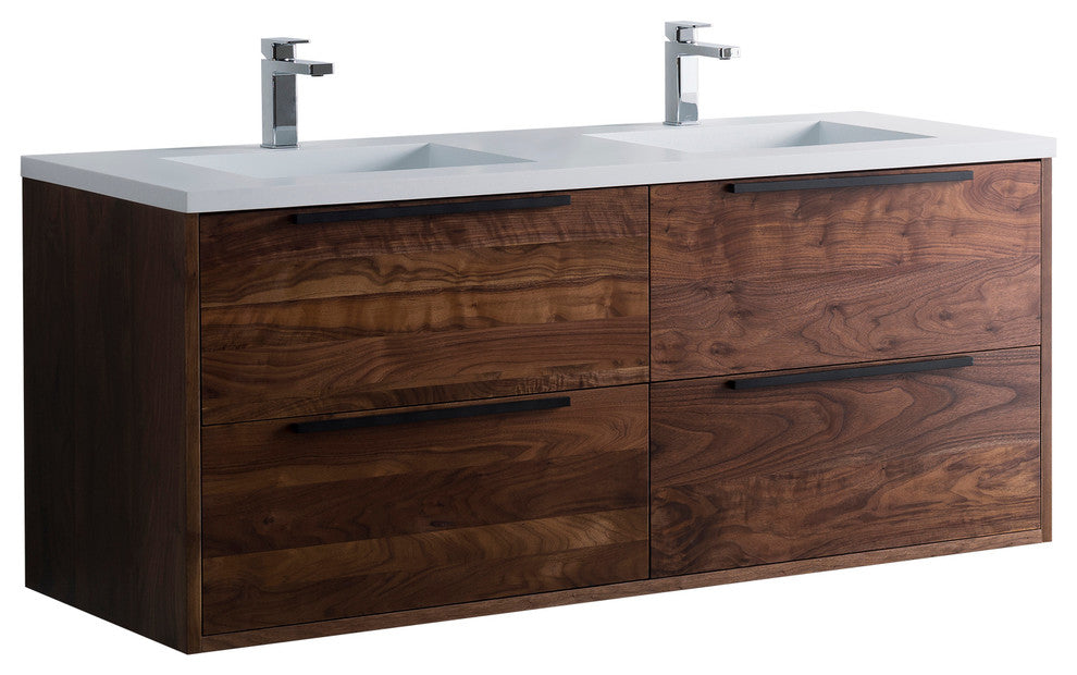 Vanity Alfred 60 Double Sink With Integrated Solid Surface top, American Walnut,