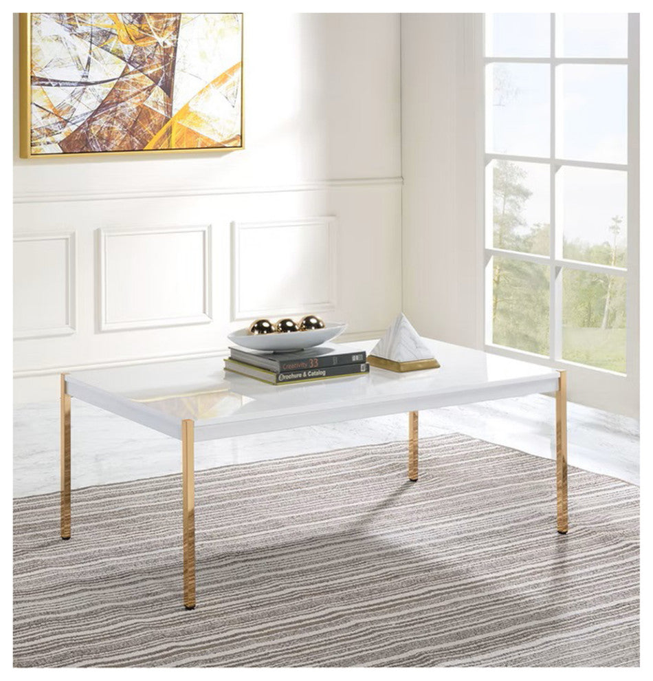 Coffee Table, White and Gold Metal