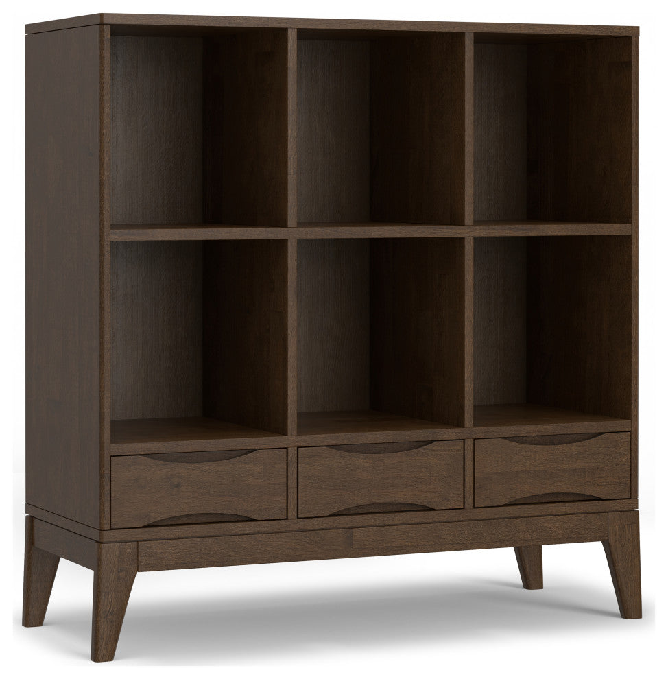 Harper SOLID HARDWOOD Low 6 Cube Storage With Drawers, Walnut Brown