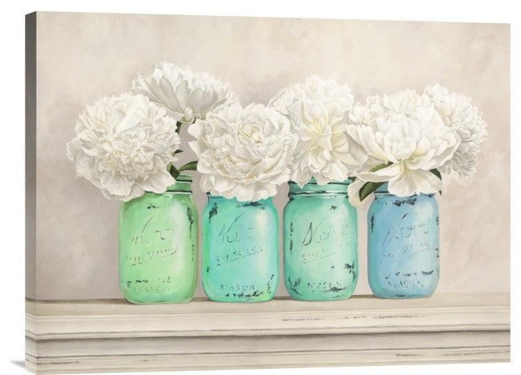 "Peonies in Mason Jars" Stretched Canvas Giclee by Jenny Thomlinson, 24"x18"