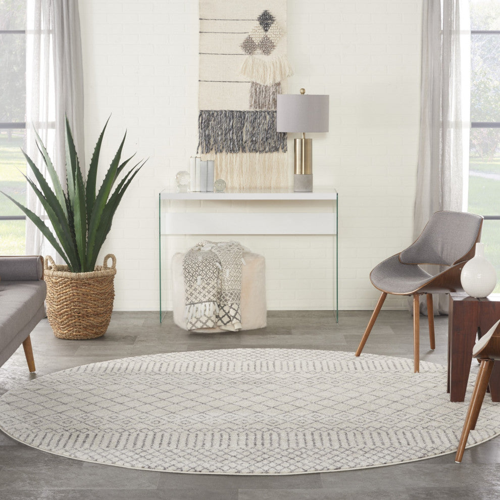 8" Round Ivory and Gray Geometric Area Rug