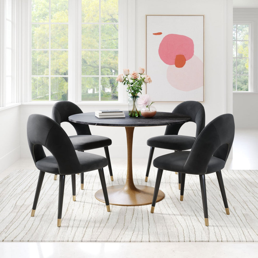Side Dining Chair, Set of 2, Fabric, Wood, Black, Gold, Bar Kitchen Cafe Bistro