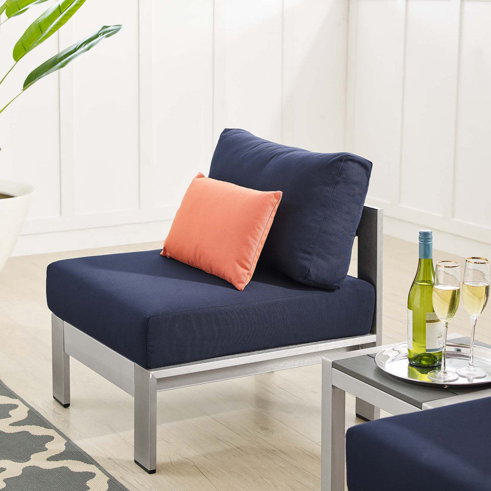 Lounge Chair Table Set, Sunbrella, Fabric, Aluminum, Silver Blue Navy, Outdoor
