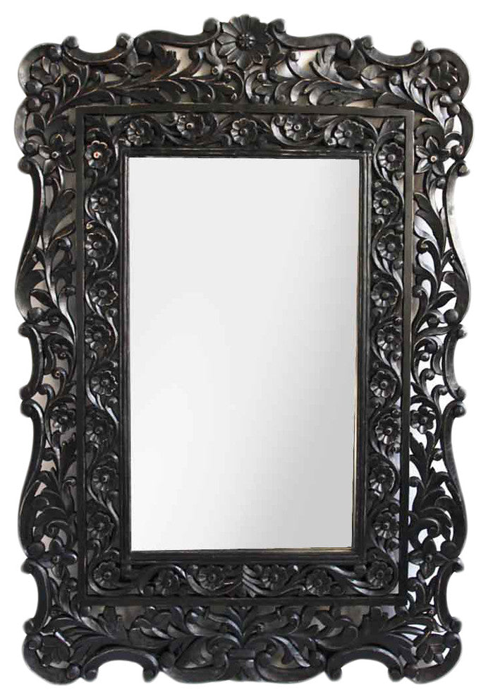 Black Floral Carved Wood Mirror
