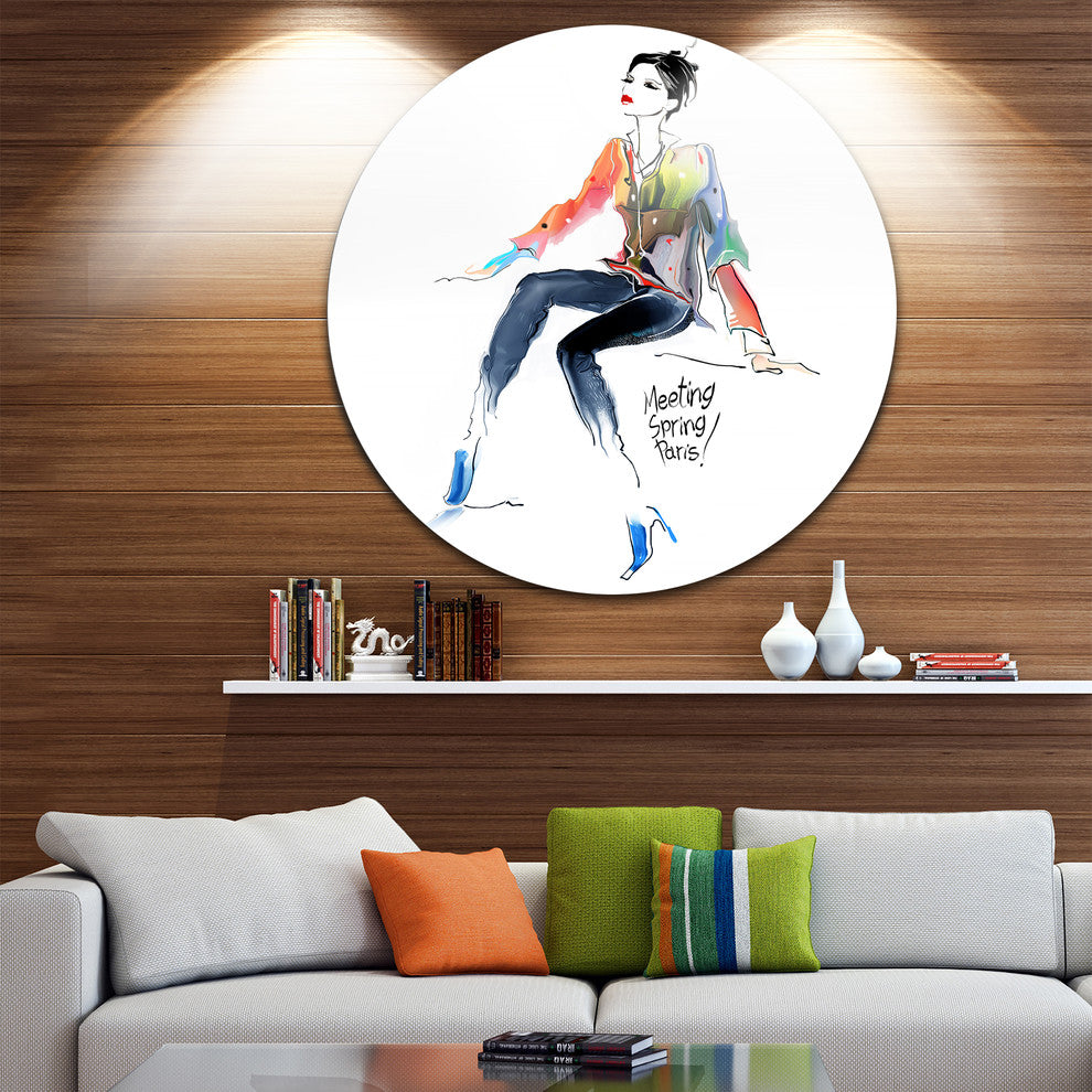 Young Woman Colorful, Portrait Digital Art Round Metal Wall Art, 23"