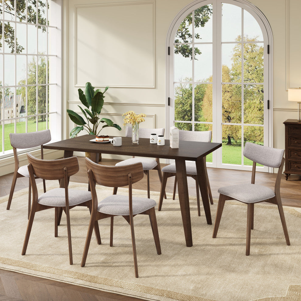 GDF Studio 7-Piece Mid-Century Dining Set, 6 Chairs, Light Beige/Walnut/Brown