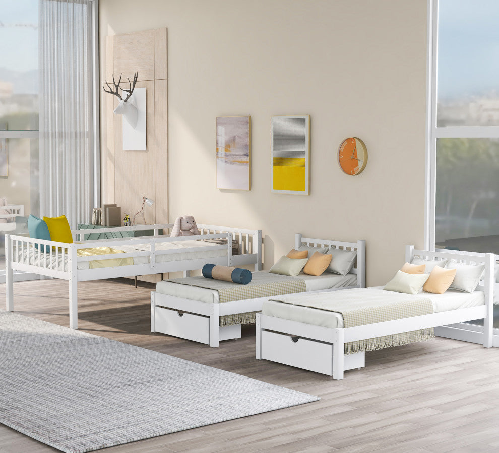 Gewnee Full Over Twin Wood Triple Bunk Bed with Drawers In White