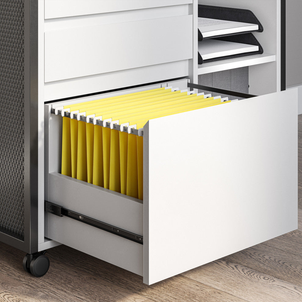 3-Drawer Mobile File Cabinet Desk with Fast Charger Station - White