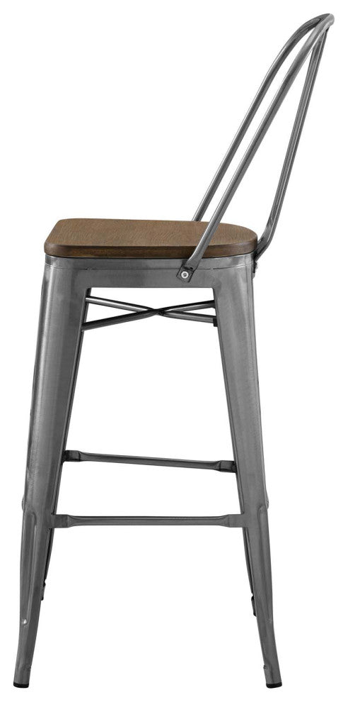 Bar Stool Chair Barstool, Set of 4, Wood, Gunmetal Silver, Bar Pub Cafe Bistro