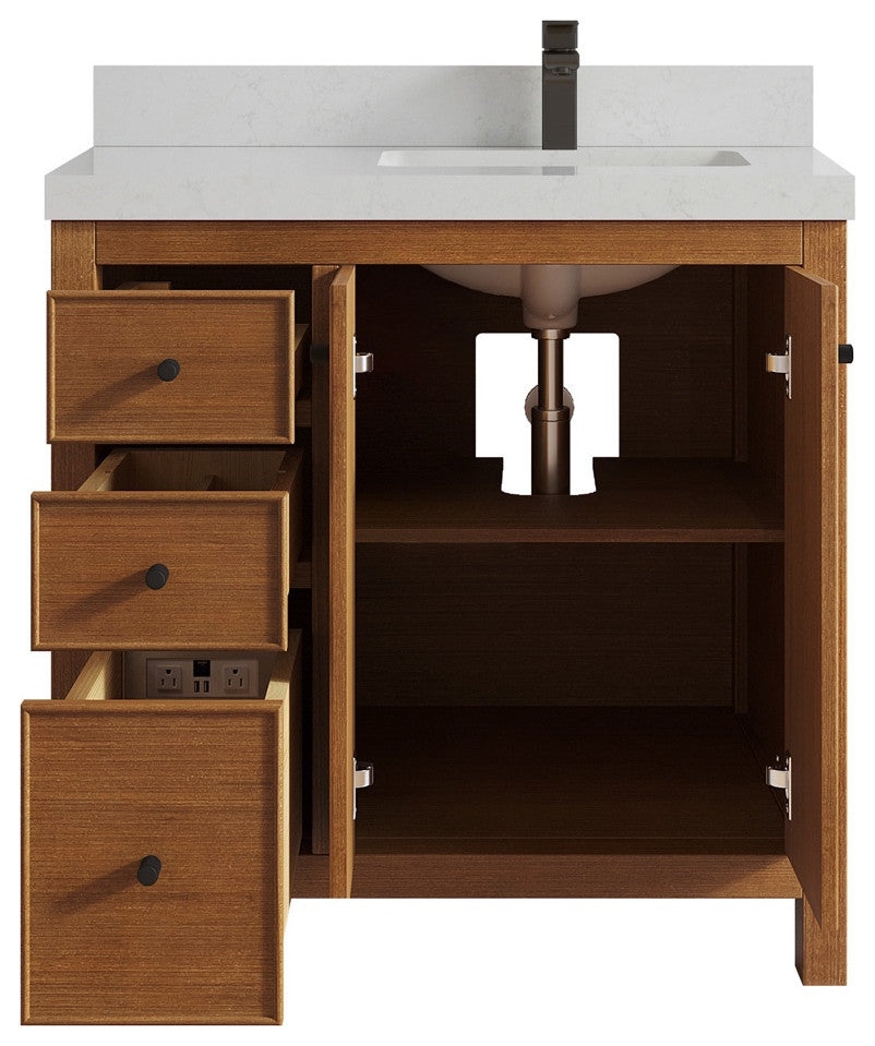 Chicago Venner Teak 36" Right Offset Vanity, Dark Natural 2" Carrara Quartz