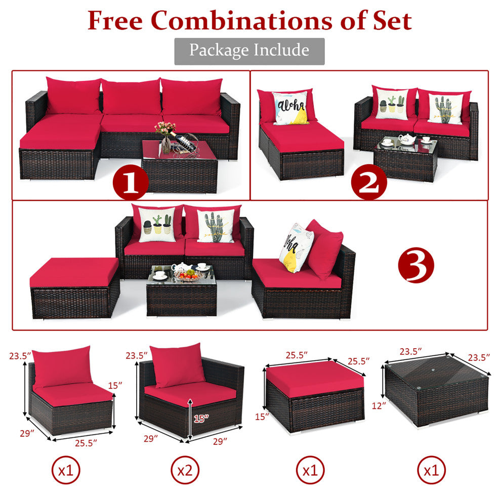 5PCS Patio Rattan Furniture Set Sectional Conversation Sofa W/ Coffee Table Red