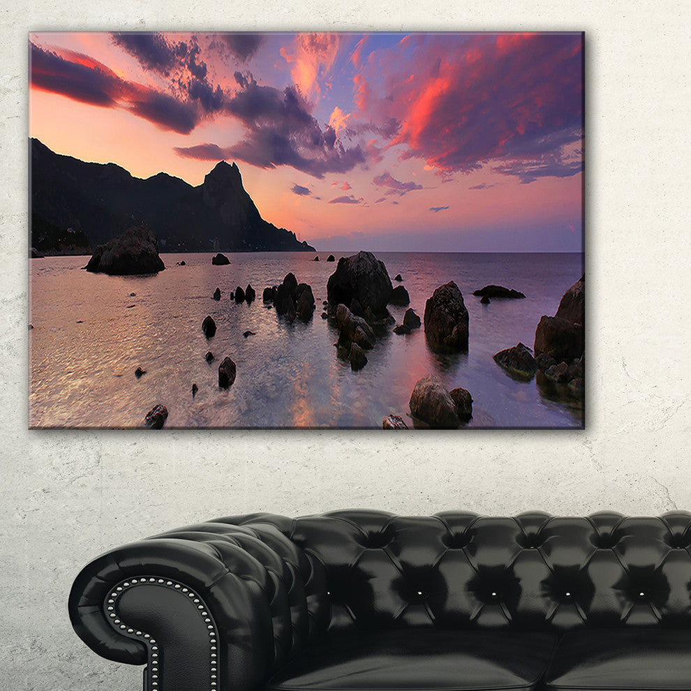 "Rocky Colorful Beach Panorama" Modern Seashore Canvas Art, 40"x30"