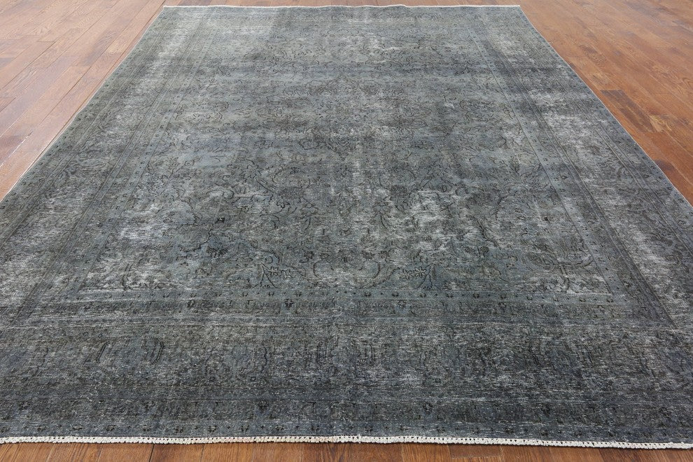 Overdyed Blue Oriental Hand-Knotted Wool Floral Rug, 10'x12'