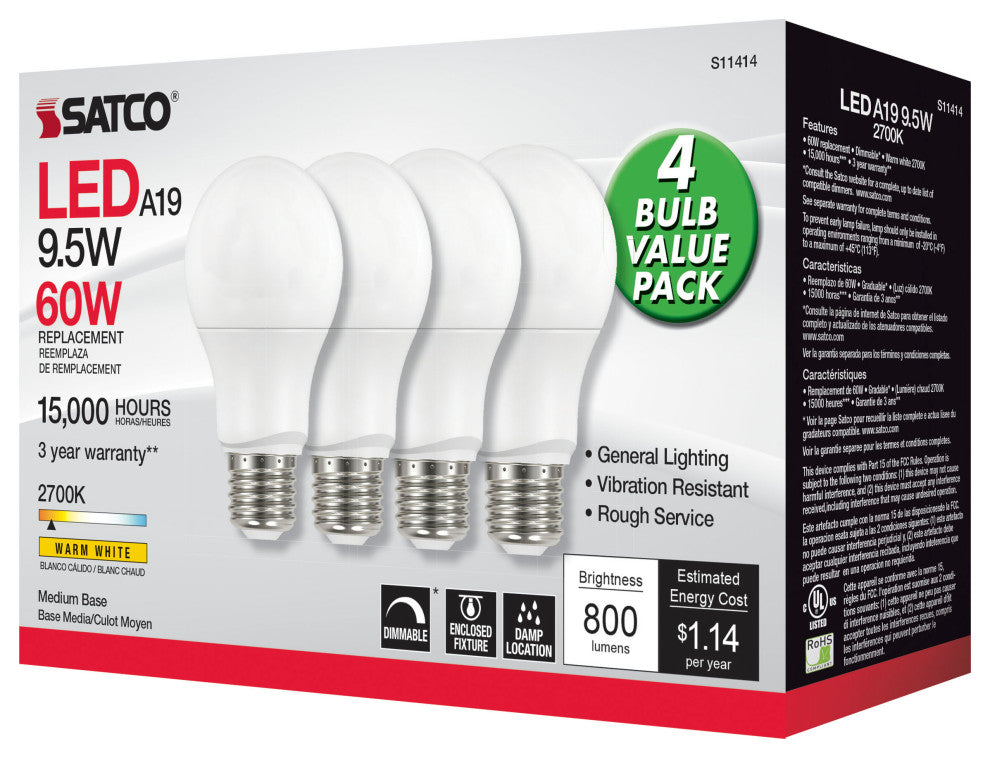 9.5W A19 LED, 2700K, Dimmable, Medium Base, 230 deg. Beam Angle, 4-Pack