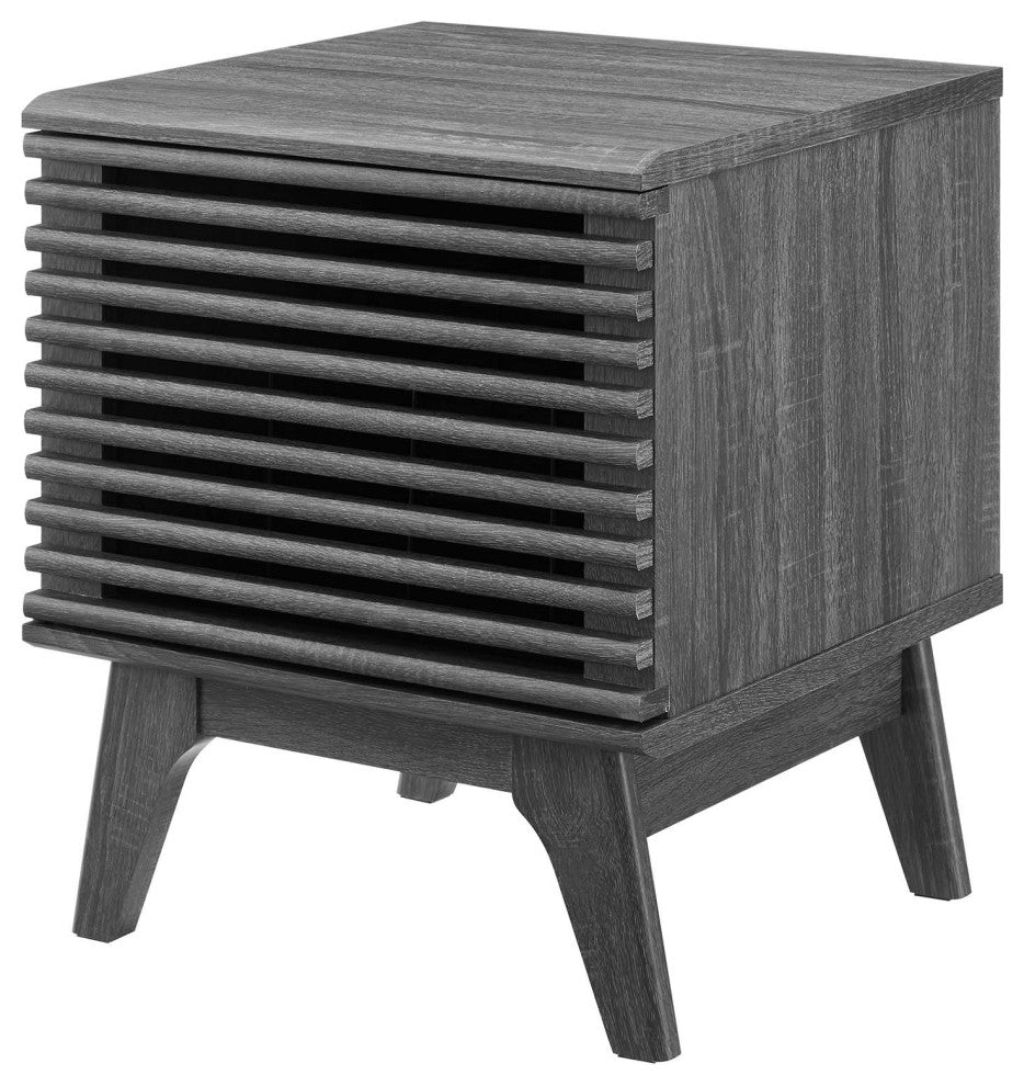Vinyl Record Side Table Cabinet Stand, Charcoal Gray, Wood, Mid Century