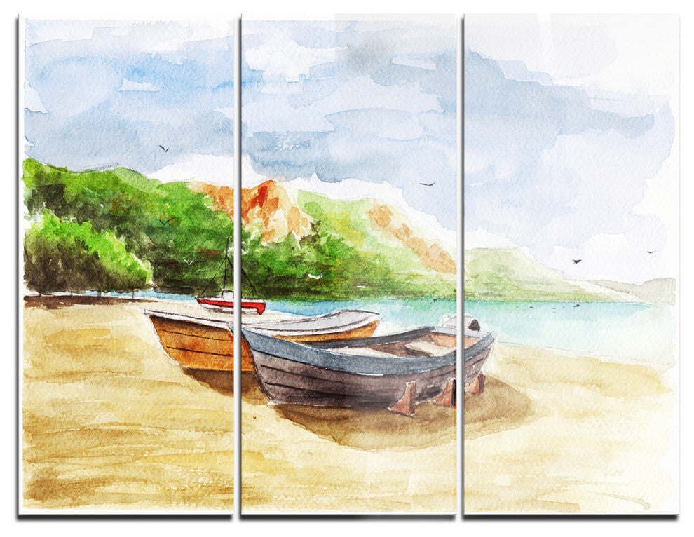 "Watercolor Fishing Boats" Glossy Metal Wall Art, 3 Panels, 36"x28"