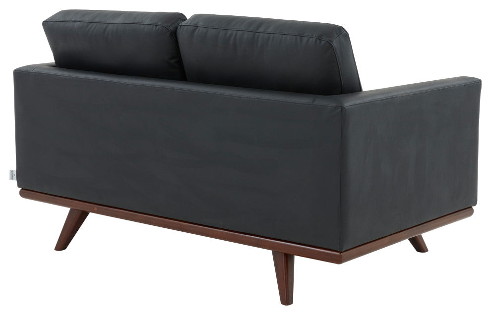 LeisureMod Chester Modern Leather Loveseat With Birch Wood Base, Black
