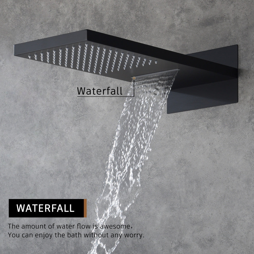 CASAINC 22" Wall Mounted Luxury Waterfall Shower System w Handheld Spray, Matte Black