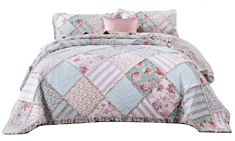 Blue Green Pastel Floral Cotton Patchwork Ruffle Quilted Bedspread Set, King