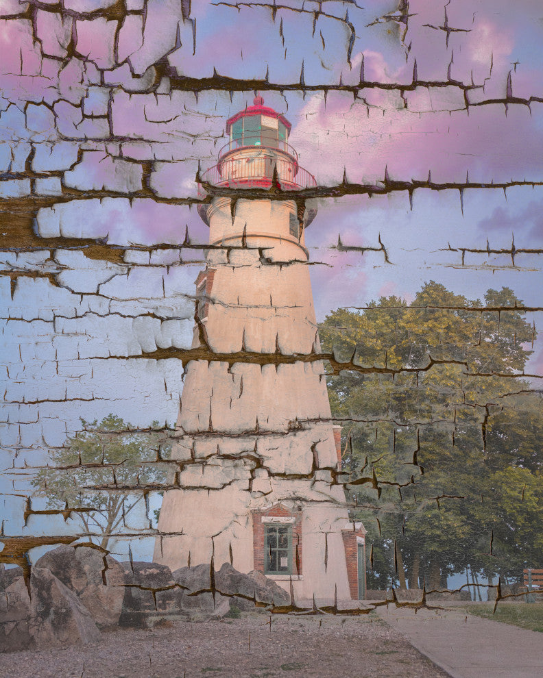 Faux Wood Texture Marblehead Lighthouse at Sunset Framed Photo Wall Art Print, Red Oak, 8" X 10"