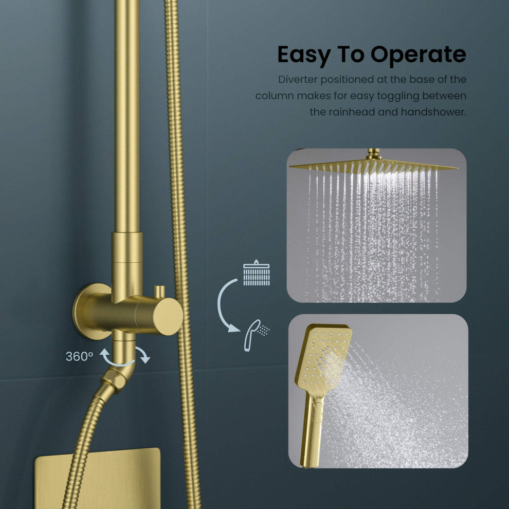 Cube 2-Function Shower Column, Rough, Valve, Brushed Gold