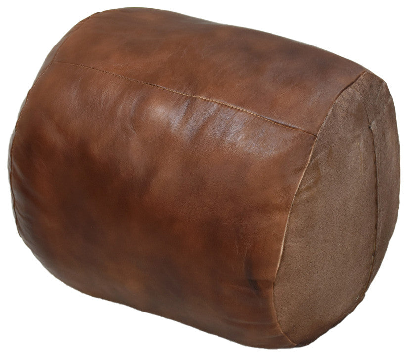 Pouf-Solid Handmade Leather Pouf (Recycled Foam with Fiber Fill), Brown, (Round]16x16x16