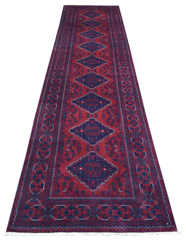 Deep Red, Afghan Khamyab Velvety Wool Hand Knotted Runner Rug, 3'0"x12'8"