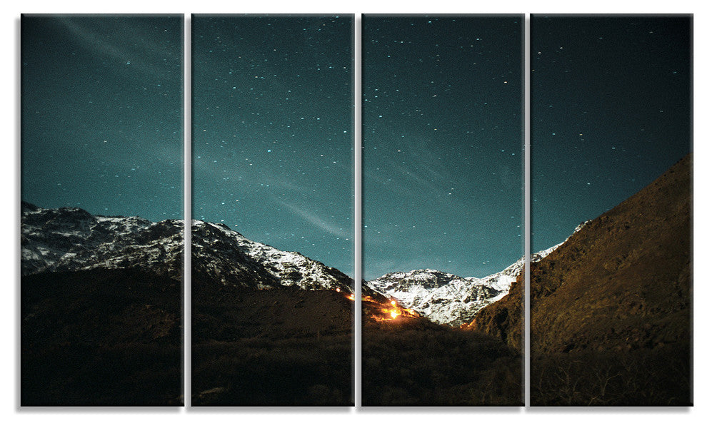 Fire in Rugged Mountains, Landscape Canvas Art Print, 48"x28", 4 Panels