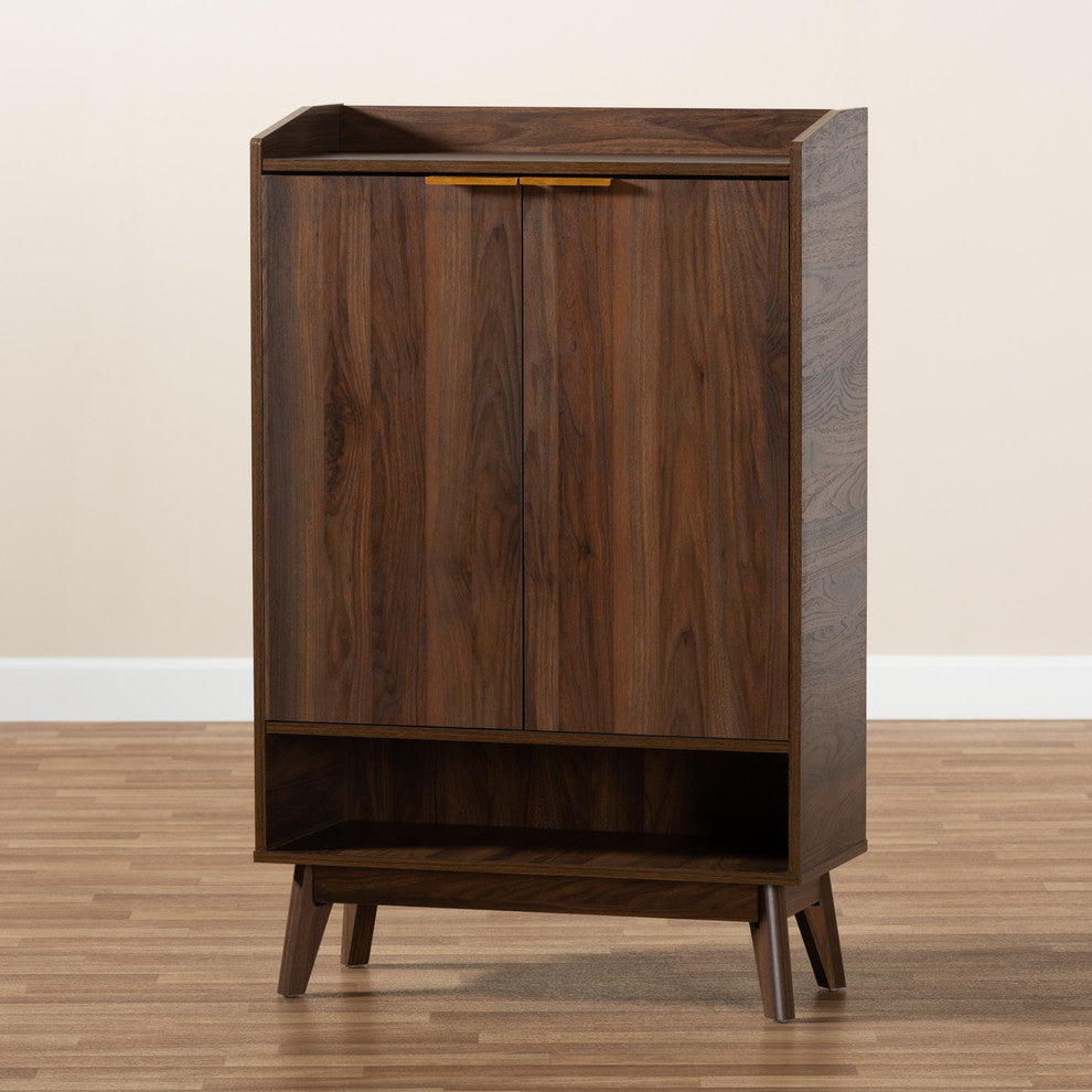 Kayley Mid-Century Modern Walnut Brown 5-Shelf Wood Entryway Shoe Cabinet