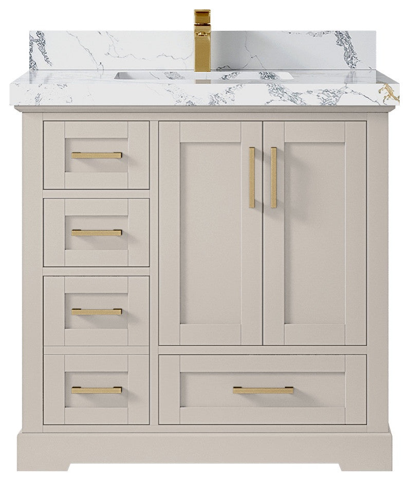 Boston 36" Center Sink Bath Vanity in Fine Grain 2" Calacatta Poanazzo