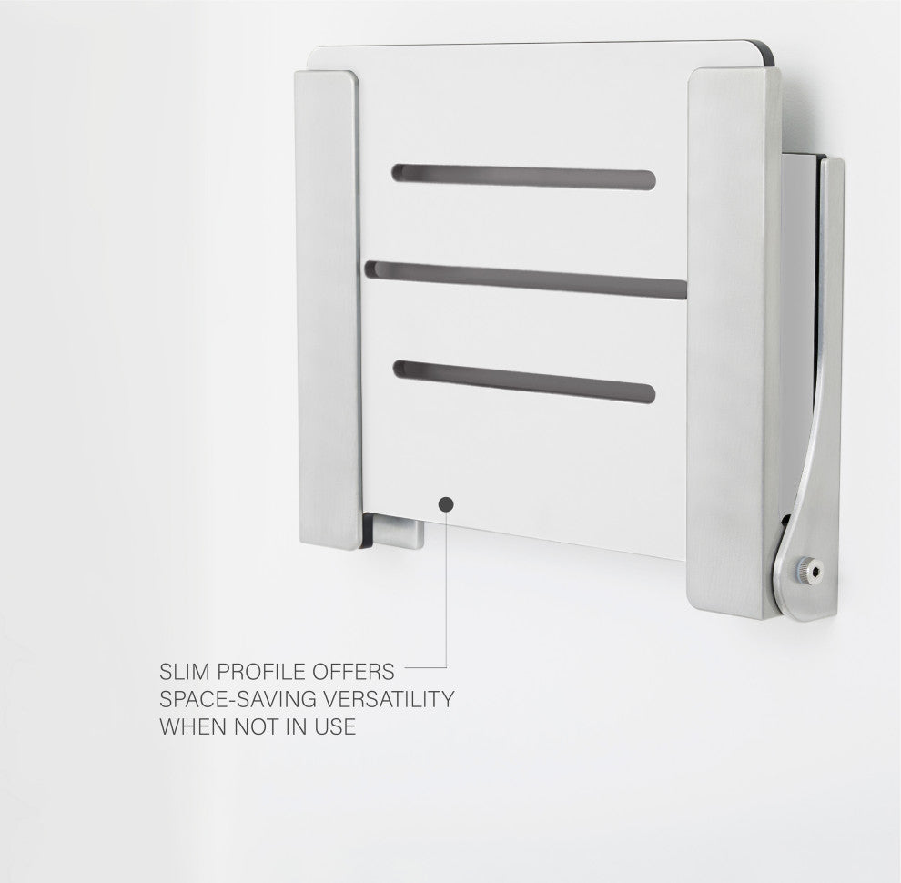 Silhouette Folding Wall Mount Shower Bench Seat, White Seat, Silver Frame