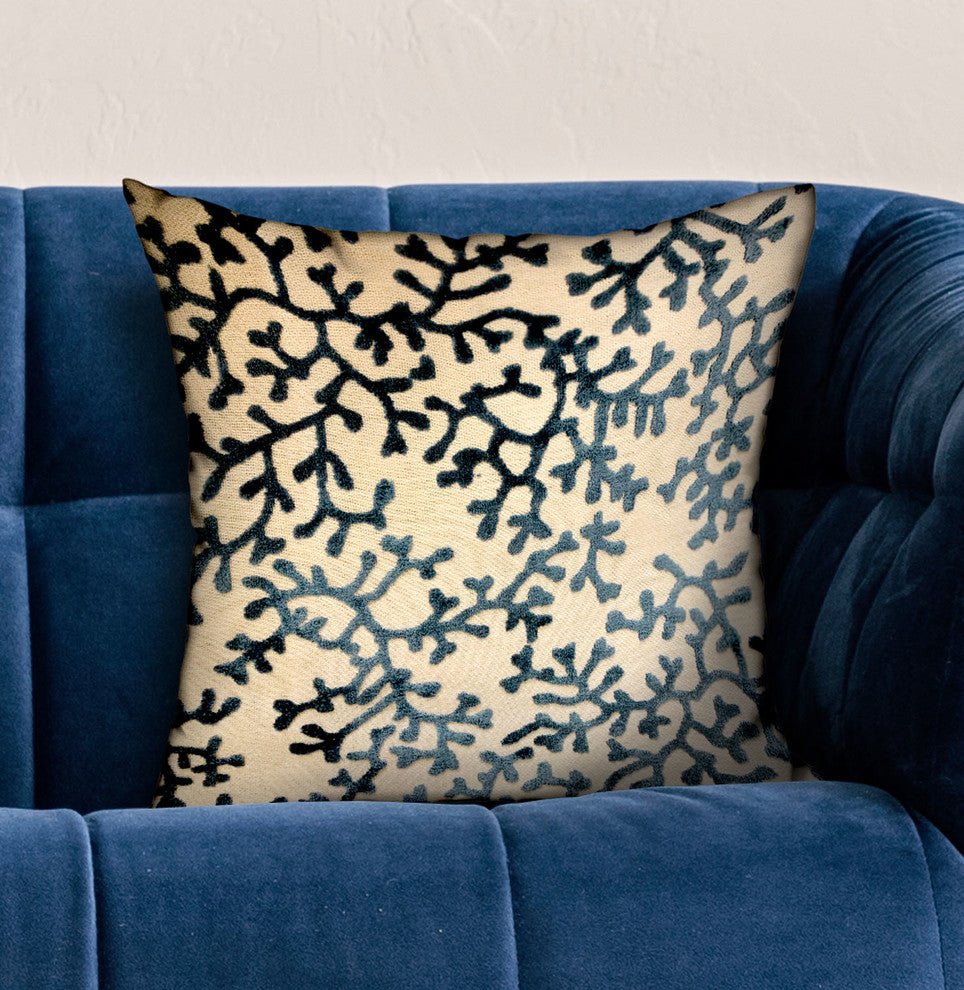 Plutus Deep Blue Reef Blue, cream Floral Luxury Throw Pillow, 20"x20"
