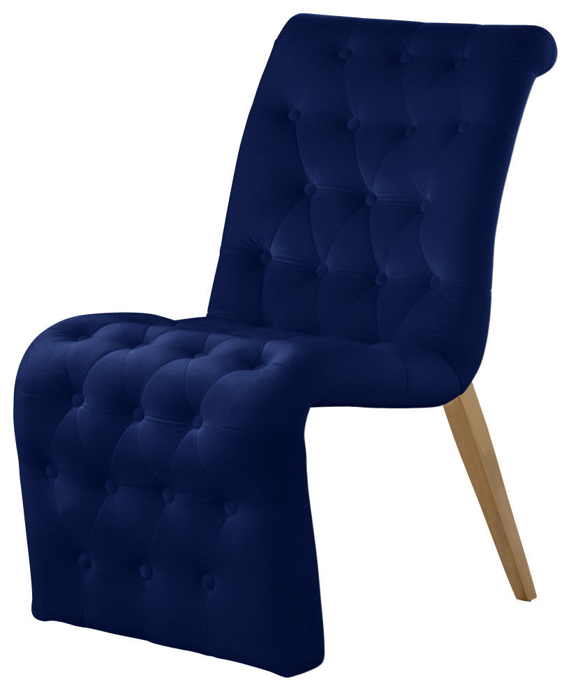 Curve Button Tufted, Fabric Upholstered Dining Chair, Set of 2, Navy Velvet
