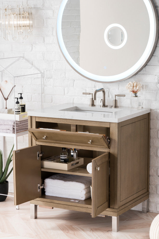 Chicago 30" Single Vanity Whitewashed Walnut, Arctic Fall Solid Surface