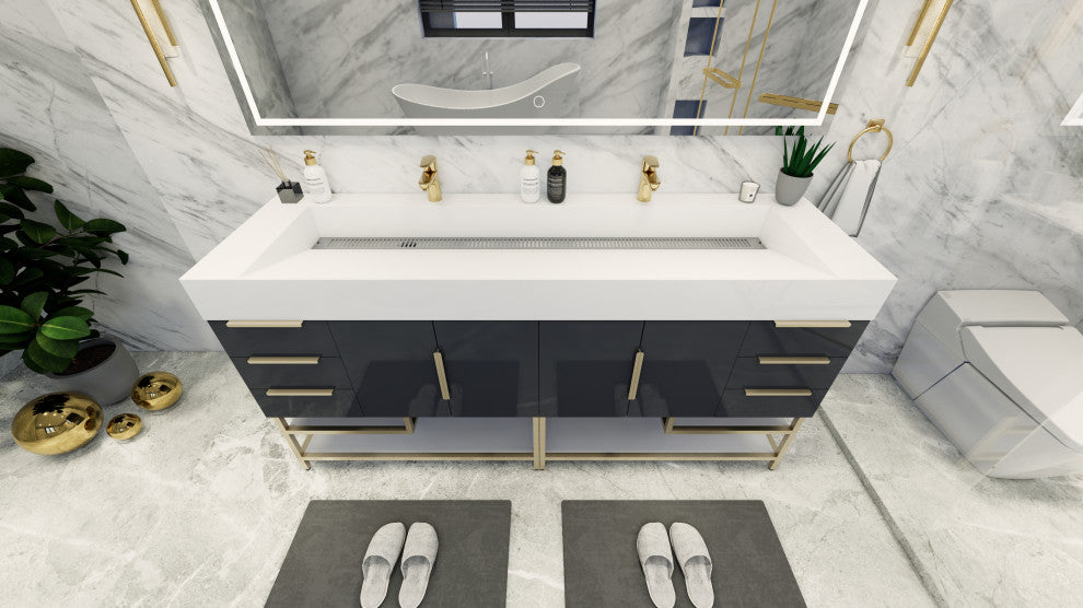 Madison 84" Free Standing Double Sink Vanity with Reinforced Acrylic Sink, High Gloss Dark Gray