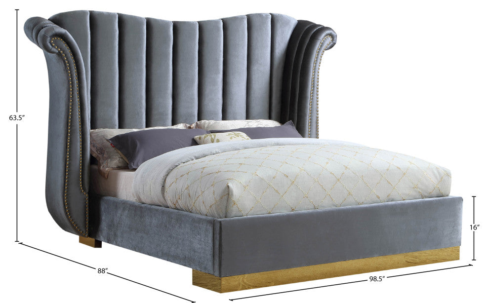 Flora Black Velvet Bed, Gray, King