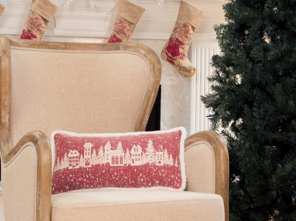 Snow Scene Printed Street View Christmas Pillow With Faux Fur Trim, 10"x20"