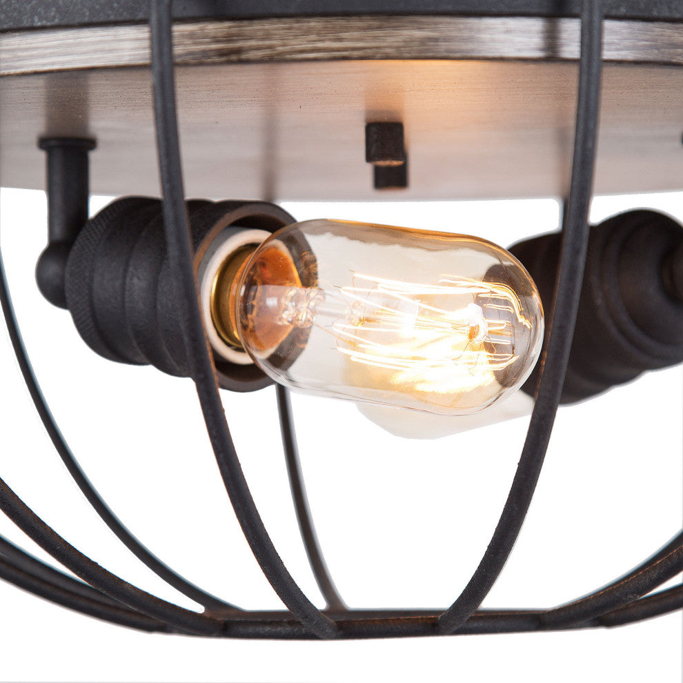 LNC Farmhouse 2-Light Balck Cage Flush Mount Ceiling Light With Wood Accent