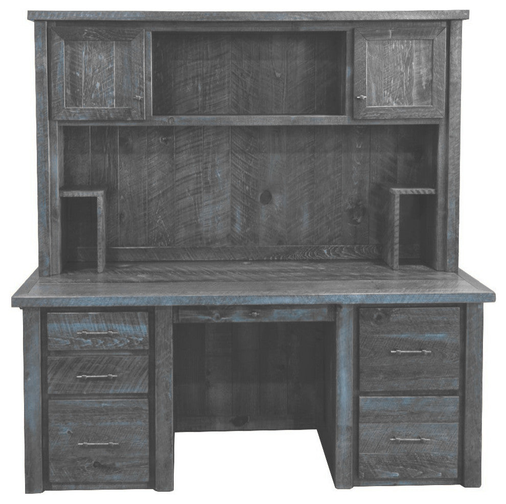 Barnwood Style Timber Peg Executive Desk With Hutch, Smokey Gray