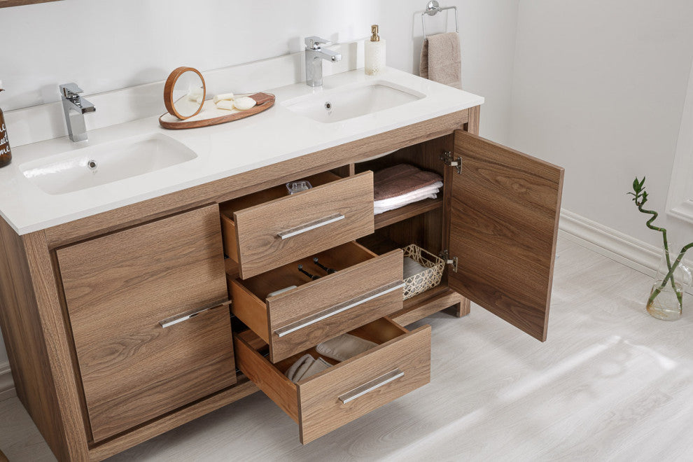 Mila Collection 60" Bathroom Vanity With Sink, Mirror, Countertop, Walnut Brown