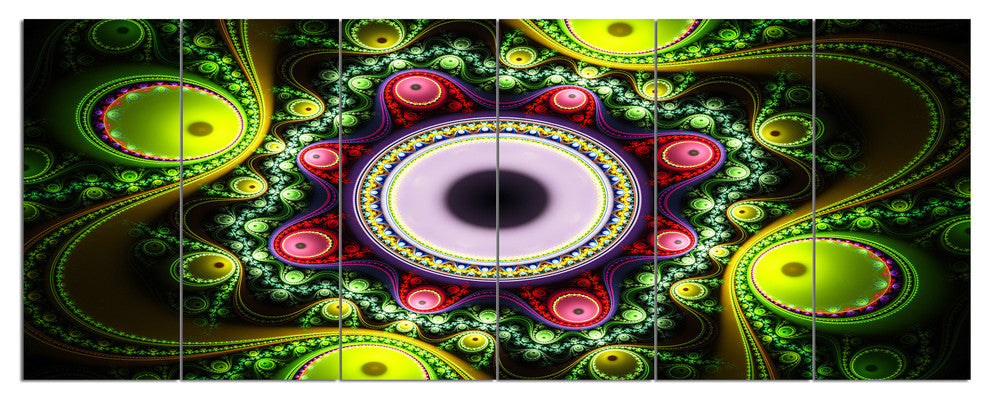 Green on Black Pattern with Circles, Abstract Canvas Print, 70"x28", 6 Panels