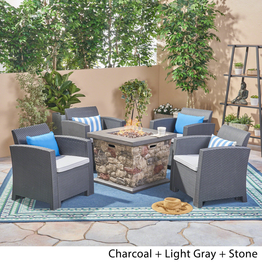 GDF Studio Maggie Outdoor Wicker Print 4 Chat Set with Fire Pit, Charcoal and Li