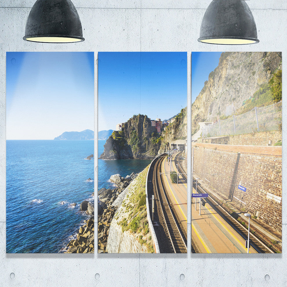 "Train and Railroad Station in Manarola" Metal Wall Art, 3 Panels, 36"x28"