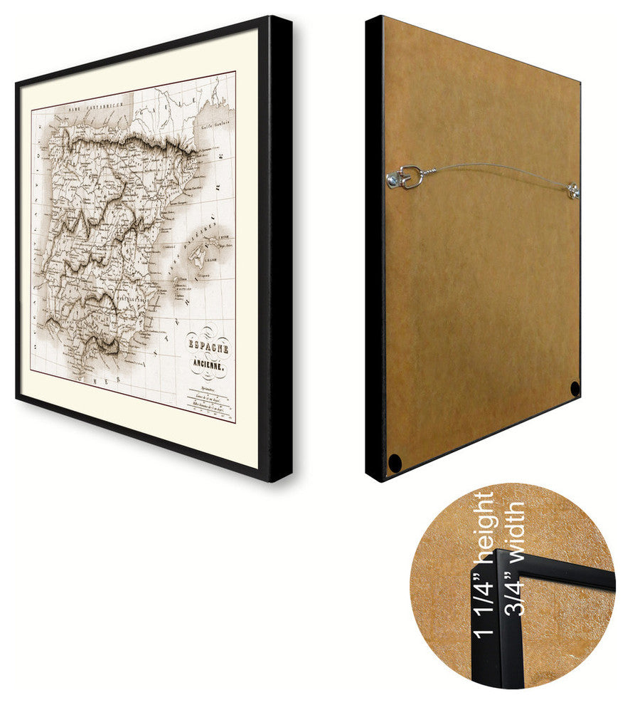 Spain Portugal Sepia Map Print On Canvas With Black Custom Frame, 28" X 37"