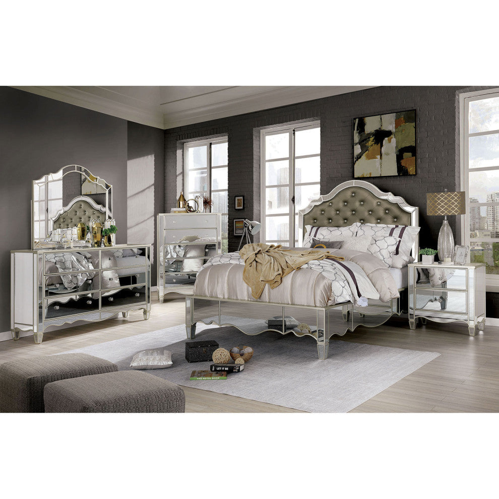 2 Drawers Night Stand with Mirror Panels Design, Silver