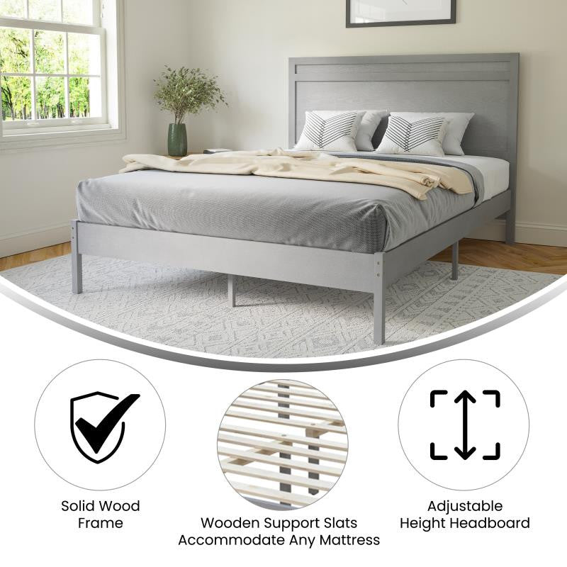 Kingston Solid Wood Platform Bed with Wooden Slats and Headboard, Gray, Queen